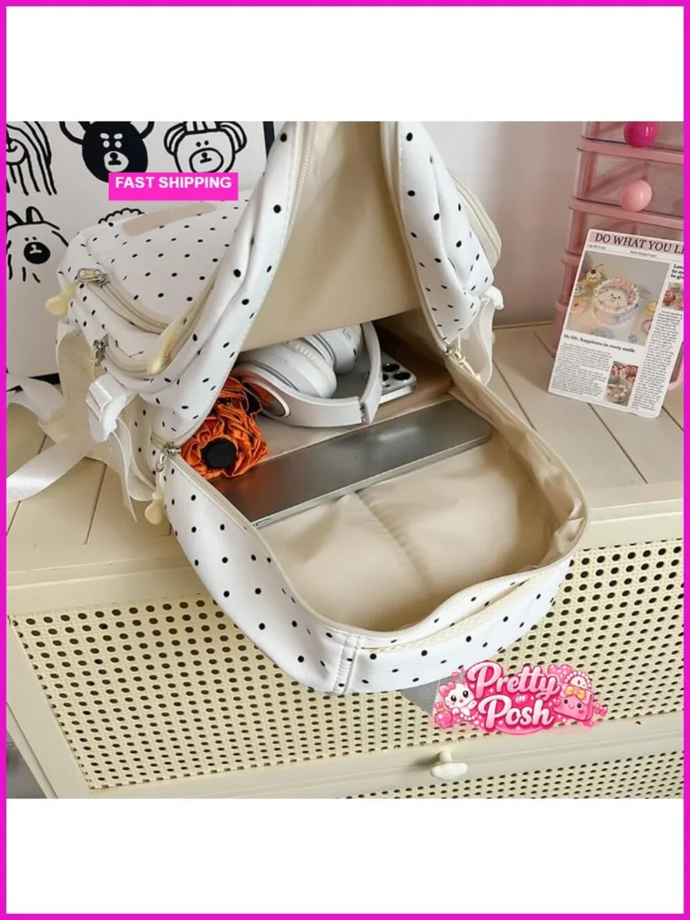 Polka Dot Nylon Backpack Set with Crossbody & Pouch